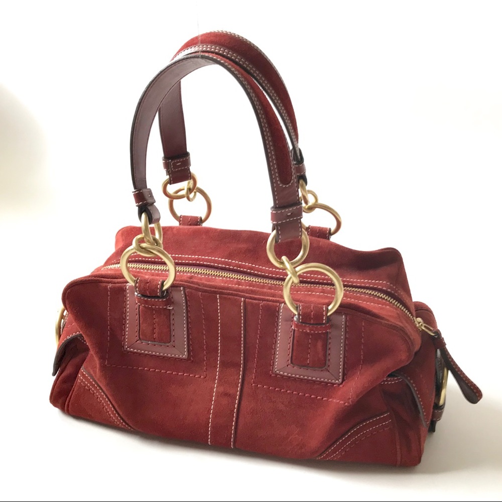 Vintage Coach Red/Burgundy Suede Hobo Bag with Gold Accents